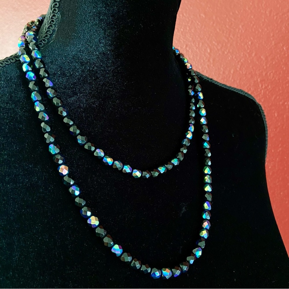 Vintage Givenchy Black Iridescent Glass Bead Necklace 42"